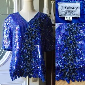 1980’s Sténay 100% Silk Royal Blue Iridescent Sequin Top